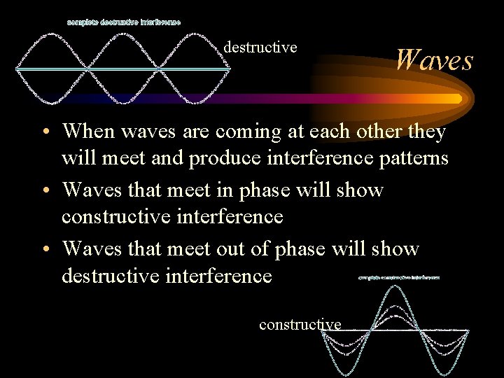 destructive Waves • When waves are coming at each other they will meet and