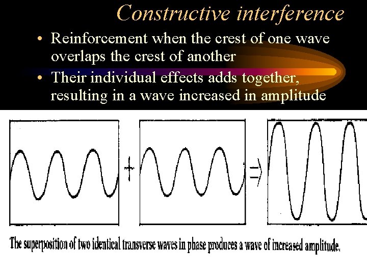 Constructive interference • Reinforcement when the crest of one wave overlaps the crest of
