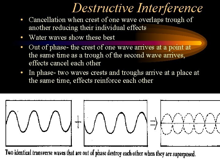 Destructive Interference • Cancellation when crest of one wave overlaps trough of another reducing