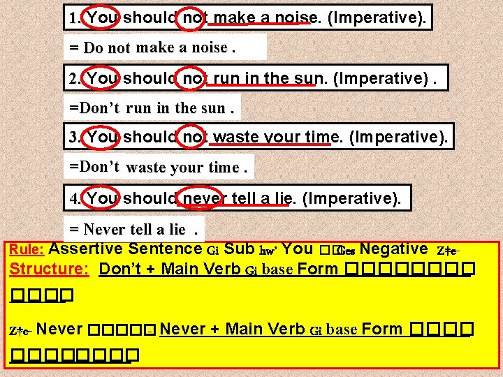 1. You should not make a noise. (Imperative). = Do not make a noise.
