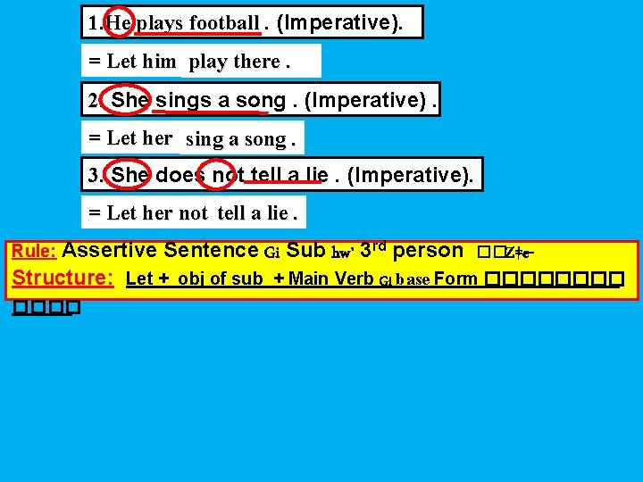 1. He plays football. (Imperative). = Let him play there. 2. She sings a