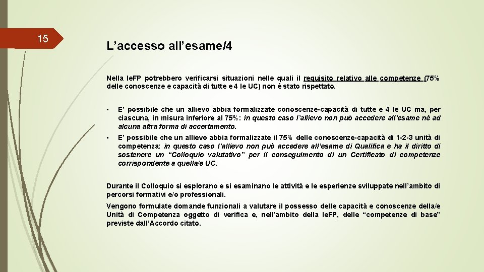 15 L’accesso all’esame/4 Nella Ie. FP potrebbero verificarsi situazioni nelle quali il requisito relativo