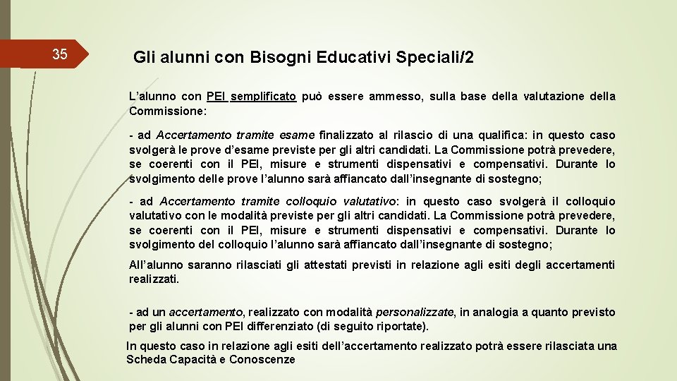 35 Gli alunni con Bisogni Educativi Speciali/2 L’alunno con PEI semplificato può essere ammesso,