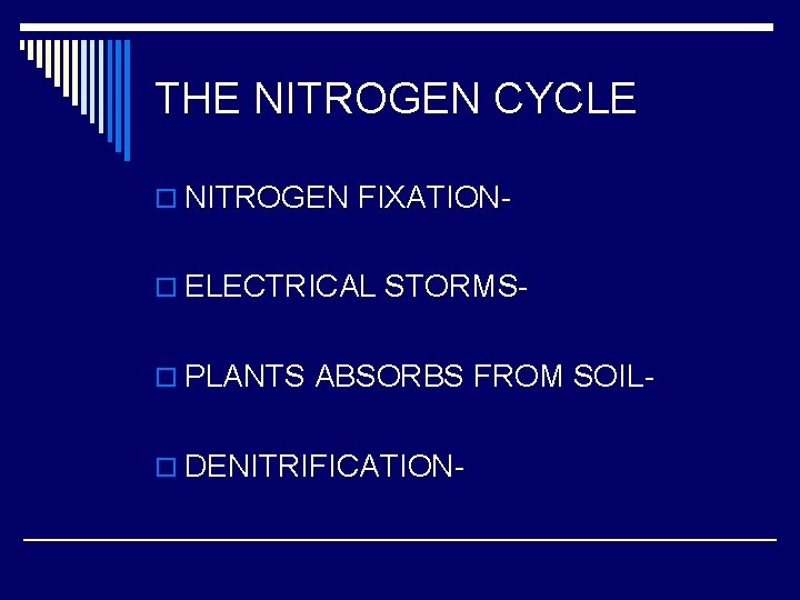 THE NITROGEN CYCLE o NITROGEN FIXATIONo ELECTRICAL STORMSo PLANTS ABSORBS FROM SOILo DENITRIFICATION- 