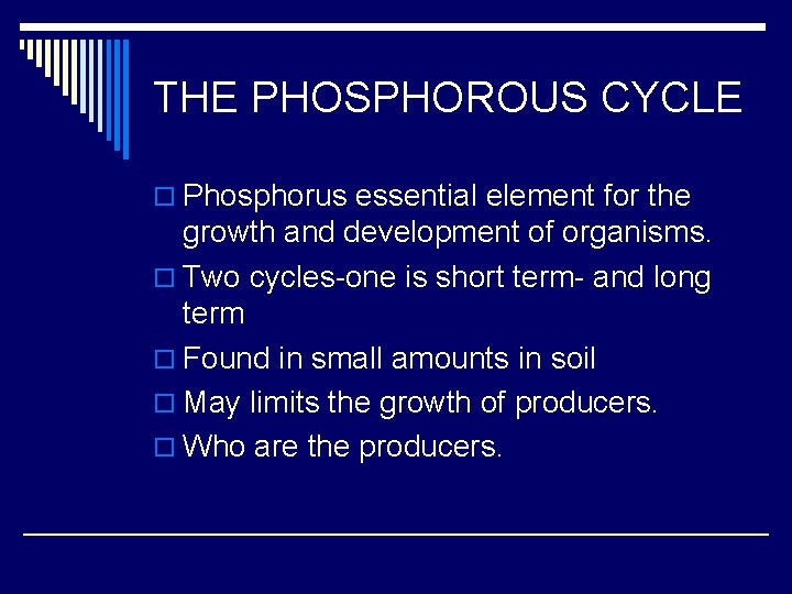 THE PHOSPHOROUS CYCLE o Phosphorus essential element for the growth and development of organisms.