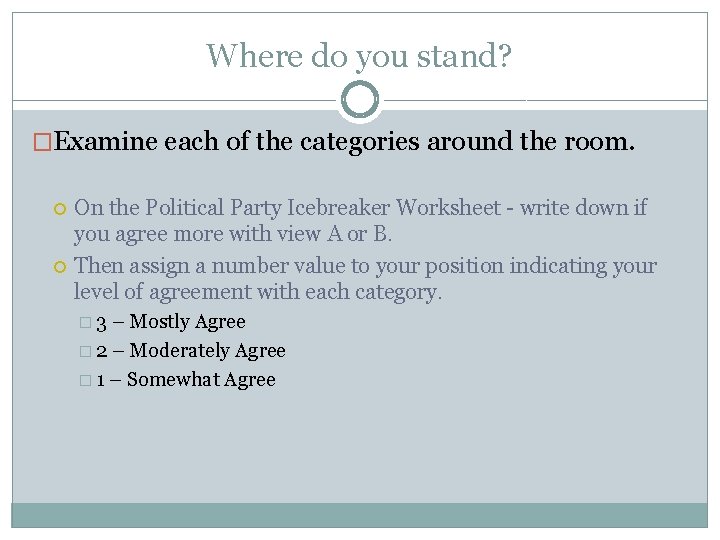 Where do you stand? �Examine each of the categories around the room. On the