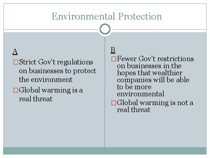 Environmental Protection A �Strict Gov’t regulations on businesses to protect the environment �Global warming