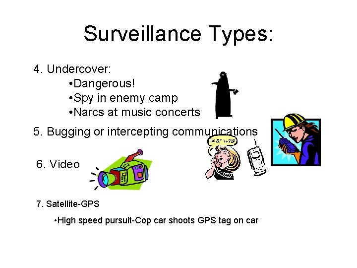 Surveillance Types: 4. Undercover: • Dangerous! • Spy in enemy camp • Narcs at