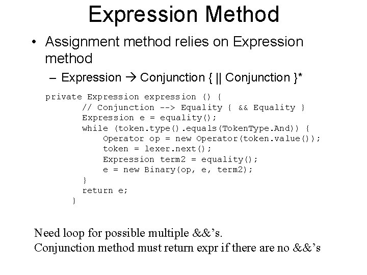 Expression Method • Assignment method relies on Expression method – Expression Conjunction { ||