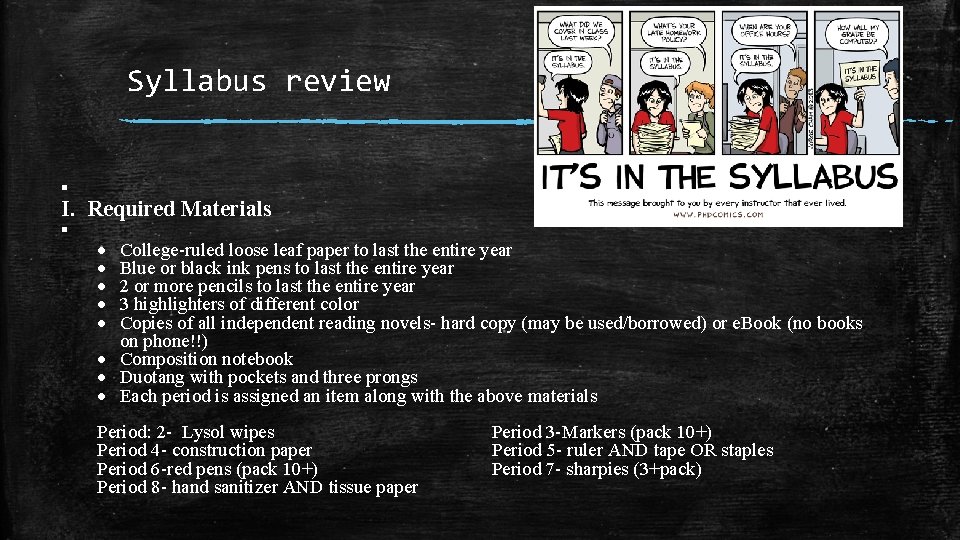 Syllabus review ▪ I. Required Materials ▪ College-ruled loose leaf paper to last the