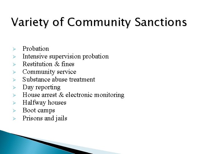 Variety of Community Sanctions Ø Ø Ø Ø Ø Probation Intensive supervision probation Restitution