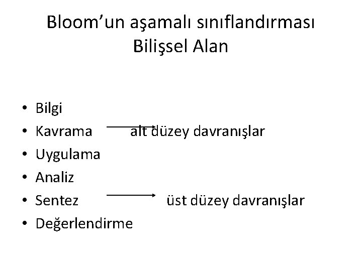Bloom’un aşamalı sınıflandırması Bilişsel Alan • • • Bilgi Kavrama alt düzey davranışlar Uygulama