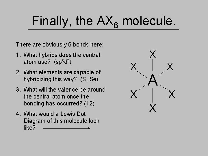 Finally, the AX 6 molecule. There are obviously 6 bonds here: 1. What hybrids