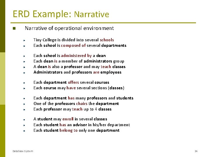 ERD Example: Narrative of operational environment Tiny College is divided into several schools Each