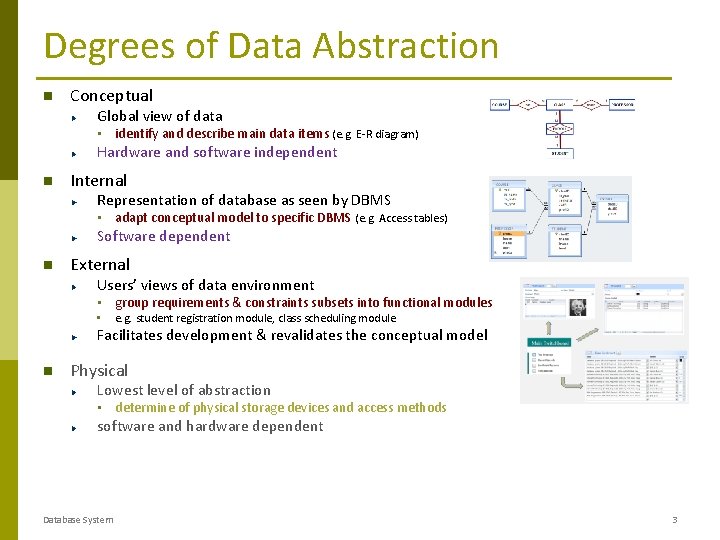 Degrees of Data Abstraction Conceptual Global view of data • identify and describe main