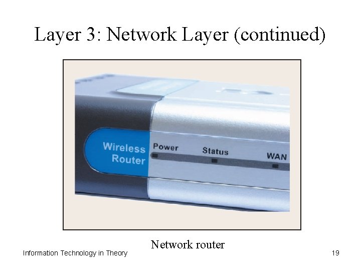 Layer 3: Network Layer (continued) Information Technology in Theory Network router 19 