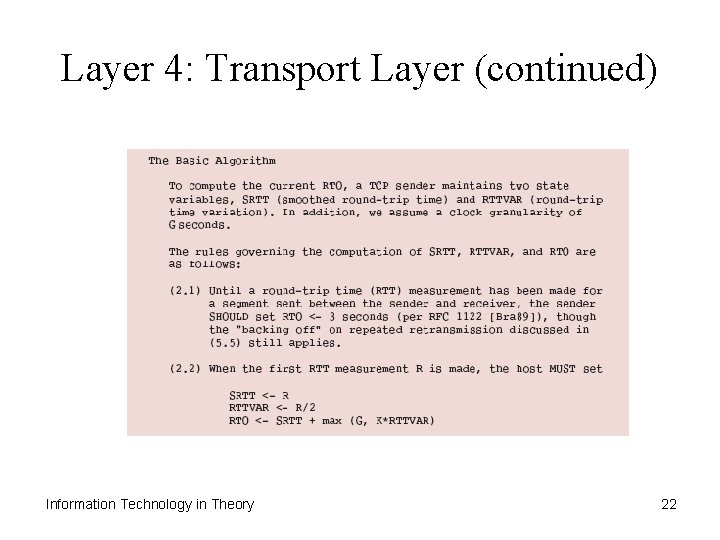 Layer 4: Transport Layer (continued) Information Technology in Theory 22 