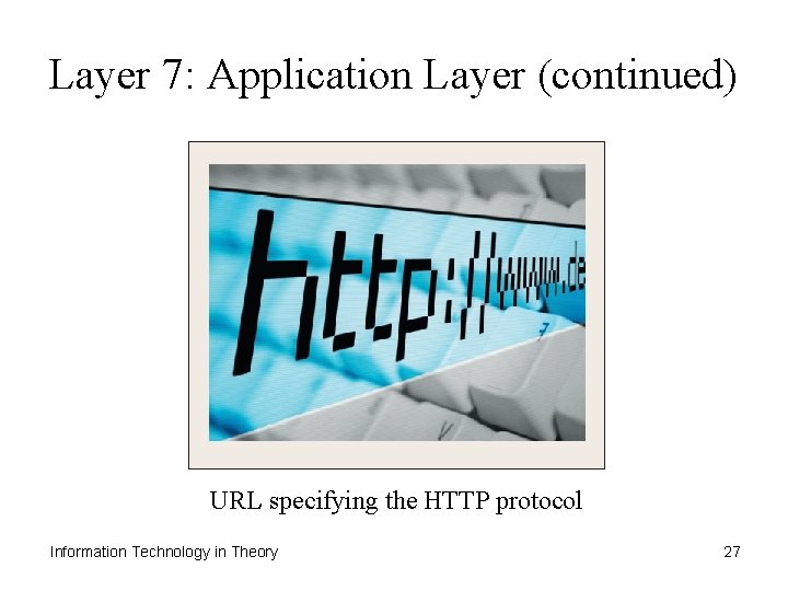Layer 7: Application Layer (continued) URL specifying the HTTP protocol Information Technology in Theory