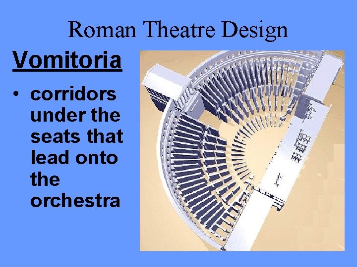 Roman Theatre Design Vomitoria • corridors under the seats that lead onto the orchestra