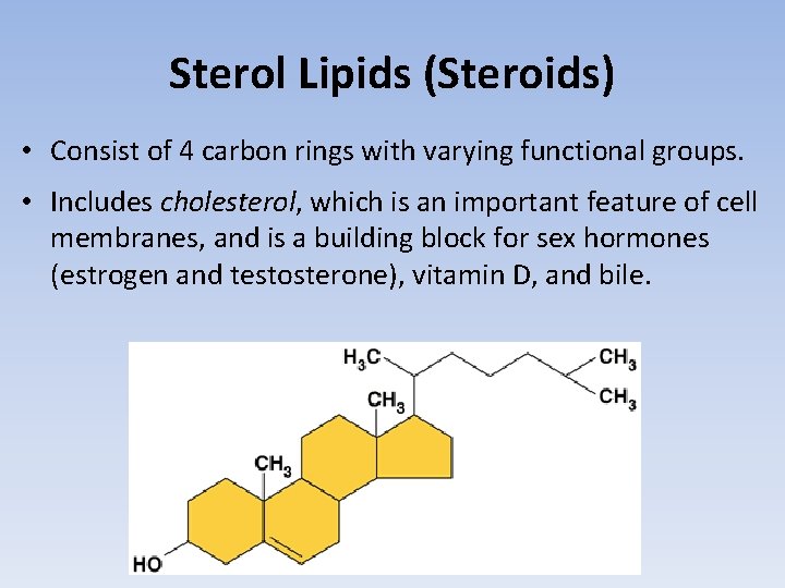 Sterol Lipids (Steroids) • Consist of 4 carbon rings with varying functional groups. •