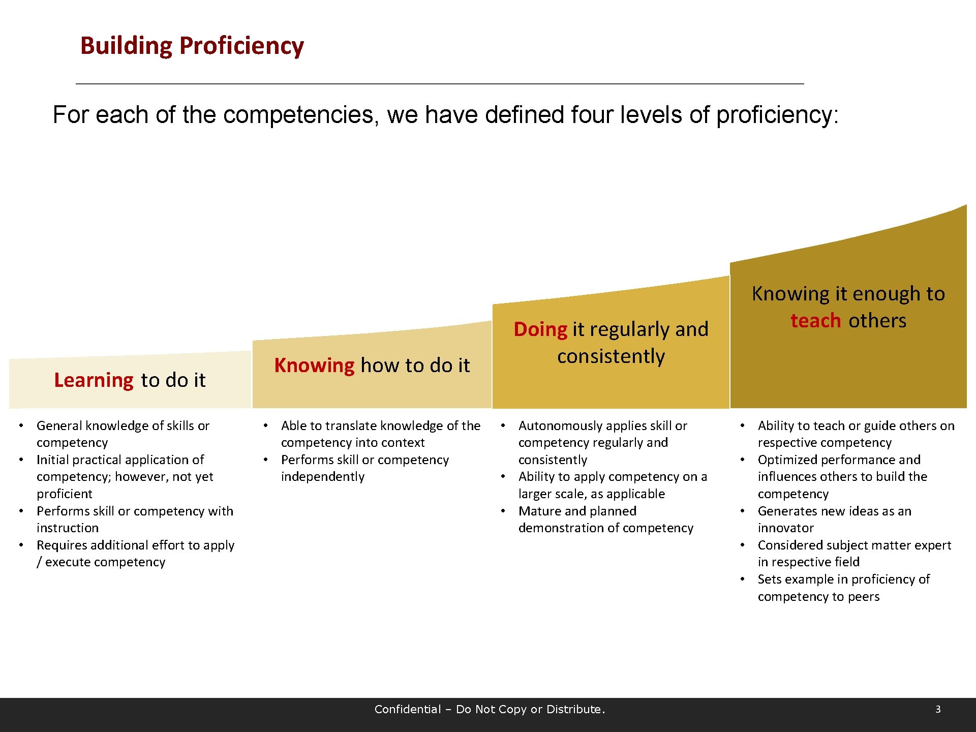 Building Proficiency For each of the competencies, we have defined four levels of proficiency: