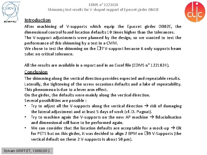 EDMS n° 1221024 Shimming test results for V-shaped support of Epucret girder DB 02