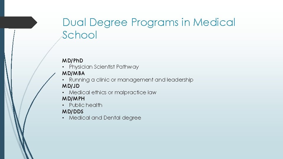 Dual Degree Programs in Medical School MD/Ph. D • Physician Scientist Pathway MD/MBA •