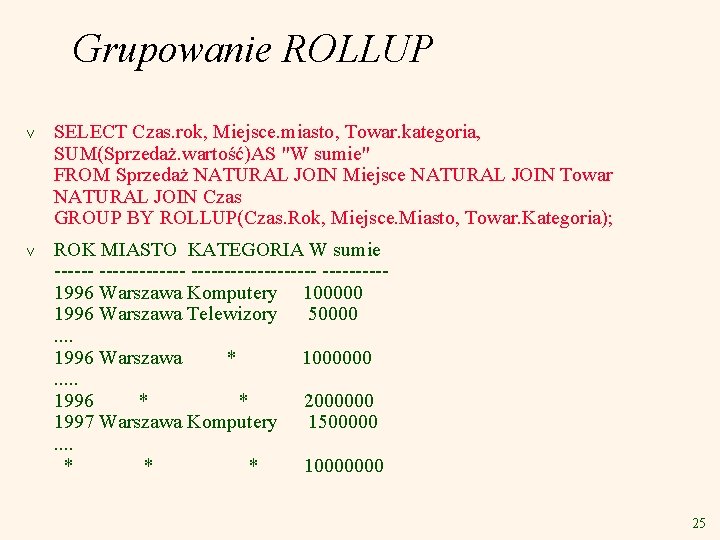 Grupowanie ROLLUP v SELECT Czas. rok, Miejsce. miasto, Towar. kategoria, SUM(Sprzedaż. wartość)AS "W sumie"