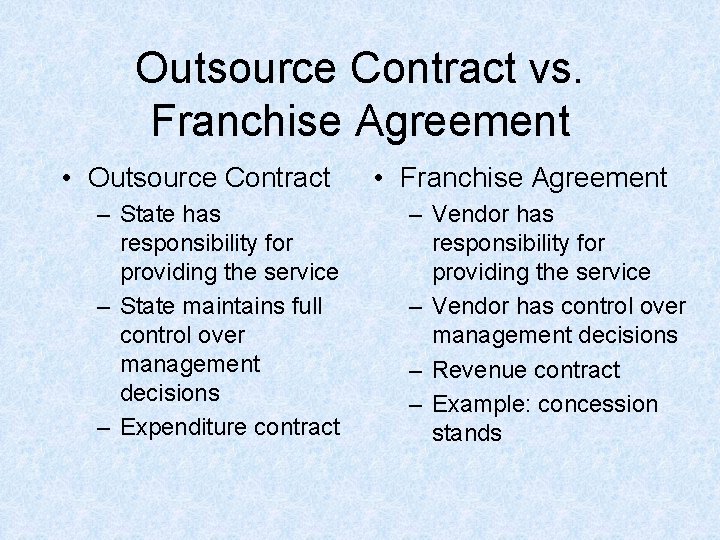 Outsource Contract vs. Franchise Agreement • Outsource Contract – State has responsibility for providing Outsource Contract vs. Franchise Agreement • Outsource Contract – State has responsibility for providing