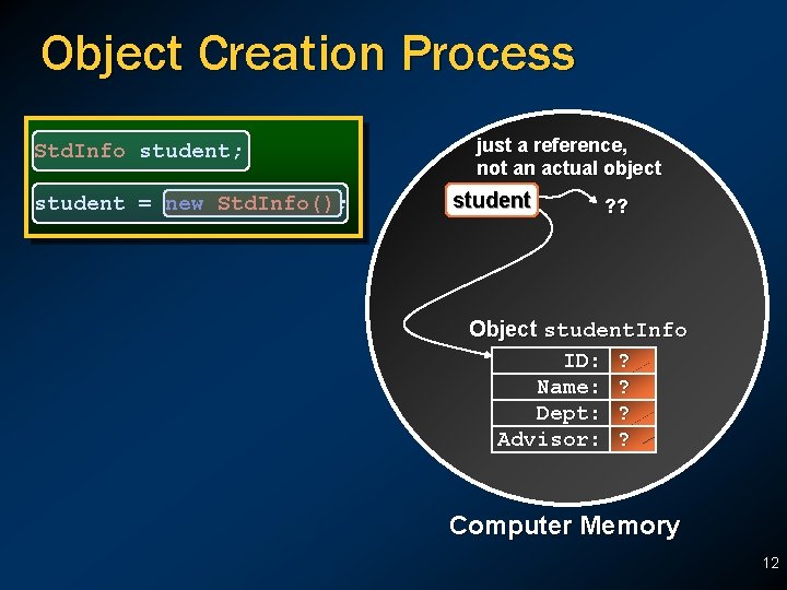 Object Creation Process Std. Info student; student = new Std. Info(); just a reference, Object Creation Process Std. Info student; student = new Std. Info(); just a reference,