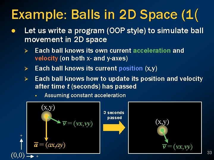 Example: Balls in 2 D Space (1( Let us write a program (OOP style) Example: Balls in 2 D Space (1( Let us write a program (OOP style)