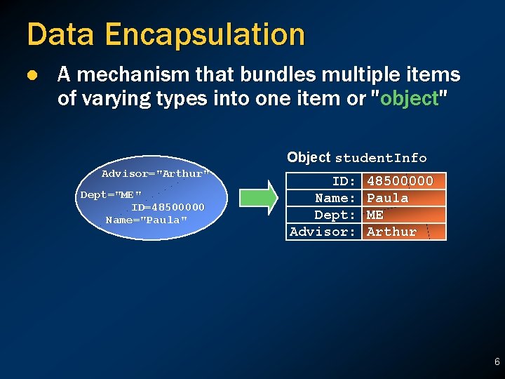 Data Encapsulation l A mechanism that bundles multiple items of varying types into one Data Encapsulation l A mechanism that bundles multiple items of varying types into one