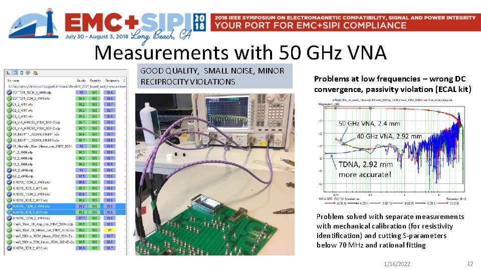 Measurements with 50 GHz VNA GOOD QUALITY, SMALL NOISE, MINOR RECIPROCITY VIOLATIONS Problems at