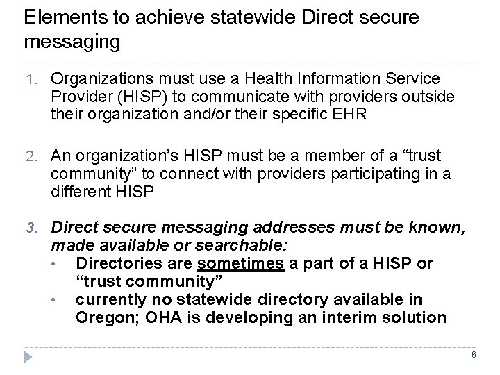 Elements to achieve statewide Direct secure messaging 1. Organizations must use a Health Information