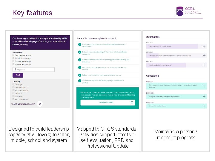 Key features Designed to build leadership capacity at all levels; teacher, middle, school and