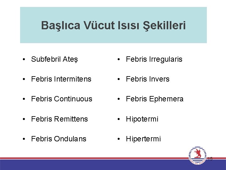 Başlıca Vücut Isısı Şekilleri • Subfebril Ateş • Febris Irregularis • Febris Intermitens •