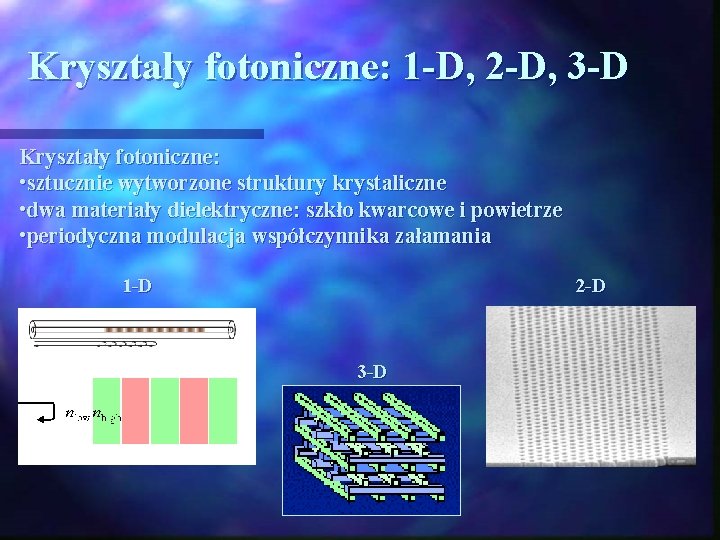 Kryształy fotoniczne: 1 -D, 2 -D, 3 -D Kryształy fotoniczne: • sztucznie wytworzone struktury