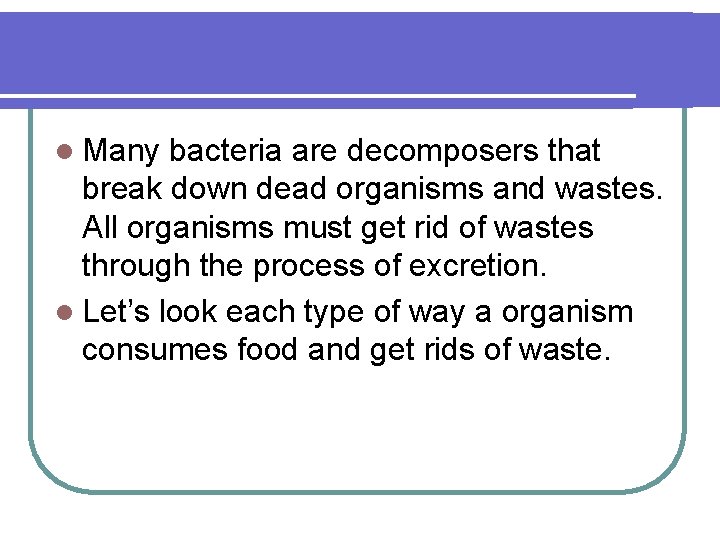 l Many bacteria are decomposers that break down dead organisms and wastes. All organisms