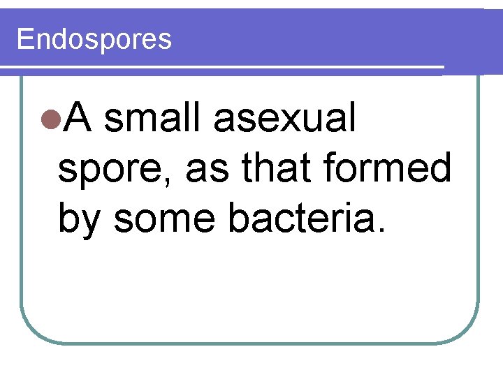 Endospores l. A small asexual spore, as that formed by some bacteria. 