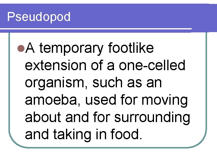 Pseudopod l. A temporary footlike extension of a one-celled organism, such as an amoeba,