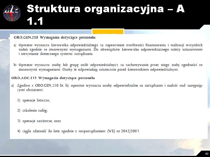 Struktura organizacyjna – A 1. 1 Kierownik odpowiedzialny CMM^^ PH Operacje Lotnicze * PH