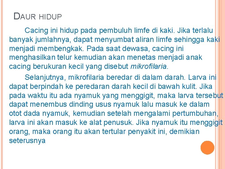 DAUR HIDUP Cacing ini hidup pada pembuluh limfe di kaki. Jika terlalu banyak jumlahnya,
