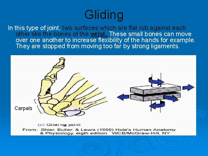 Gliding In this type of joint, two surfaces which are flat rub against each Gliding In this type of joint, two surfaces which are flat rub against each