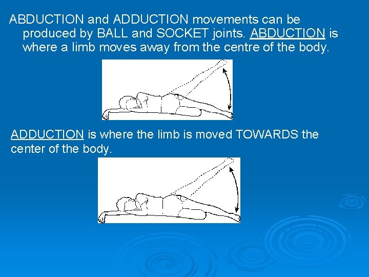 ABDUCTION and ADDUCTION movements can be produced by BALL and SOCKET joints. ABDUCTION is ABDUCTION and ADDUCTION movements can be produced by BALL and SOCKET joints. ABDUCTION is