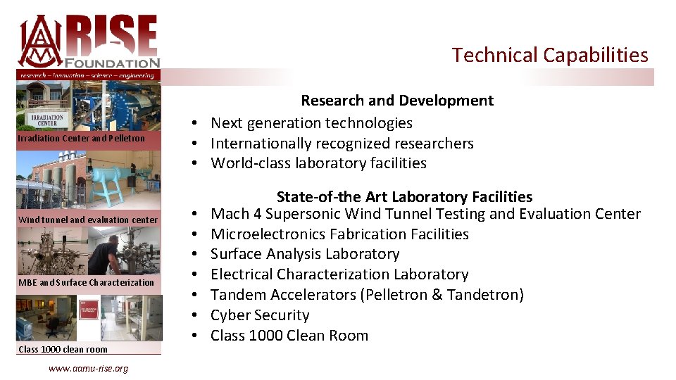 Technical Capabilities Irradiation Center and Pelletron Wind tunnel and evaluation center MBE and Surface