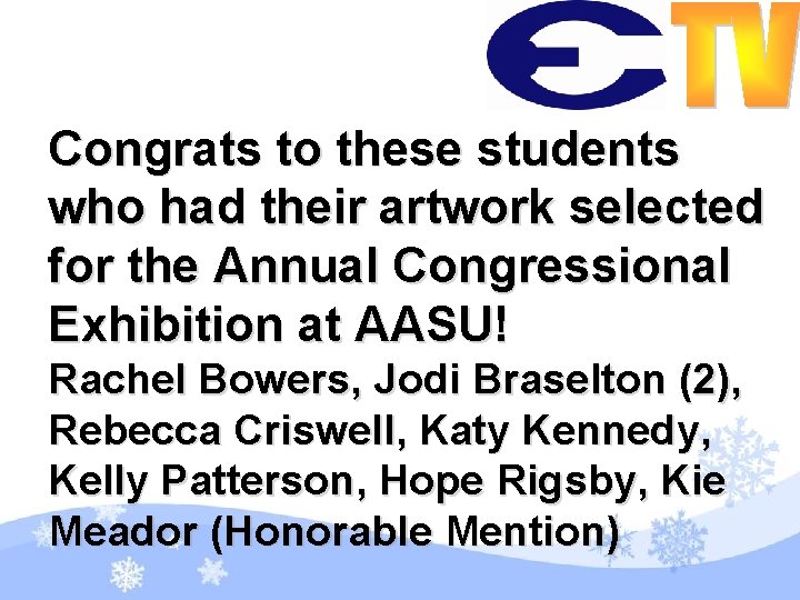 Congrats to these students who had their artwork selected for the Annual Congressional Exhibition