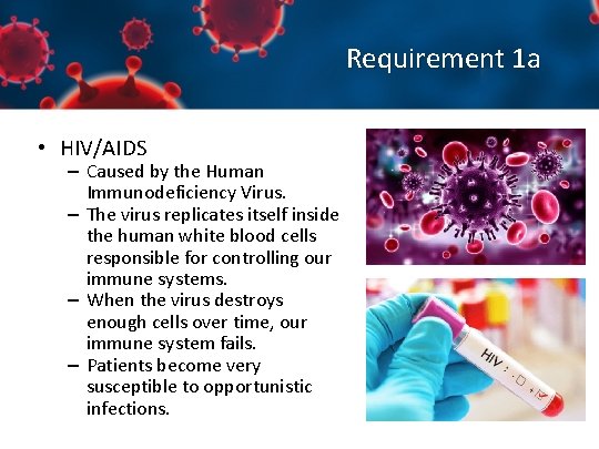 Requirement 1 a • HIV/AIDS – Caused by the Human Immunodeficiency Virus. – The
