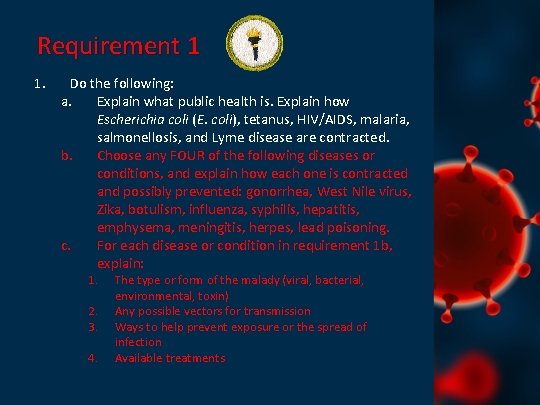 Requirement 1 1. Do the following: a. Explain what public health is. Explain how