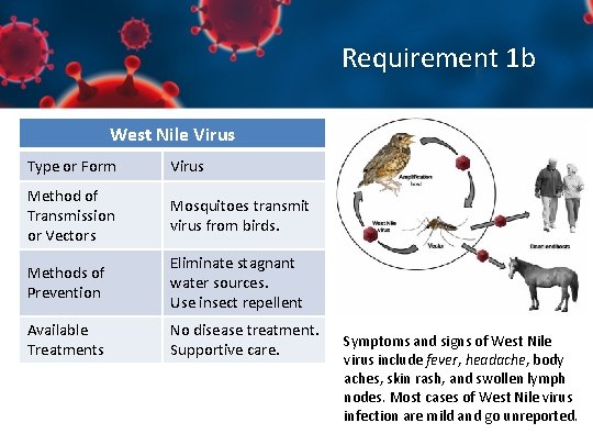 Requirement 1 b West Nile Virus Type or Form Virus Method of Transmission or