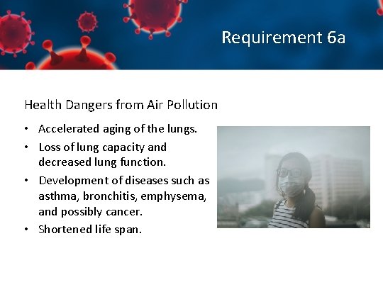 Requirement 6 a Health Dangers from Air Pollution • Accelerated aging of the lungs.
